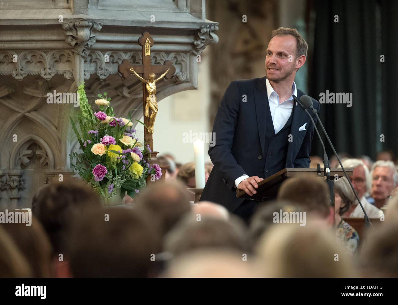 Leipzig, Allemagne. 14 Juin, 2019. Michael Maul, directeur artistique du Festival Bach de Leipzig, parle à l'ouverture de la Festival Bach à la Thomaskirche de Leipzig. La devise du festival pour 2019 est 'Hof-Compositeur Bach'. Avant que le compositeur est devenu Thomaskantor, il est employé à la cour depuis de nombreuses années. La musique Johann Sebastian Bach a écrit il y a l'objectif de ce festival de l'année. Par 23 juin, près de 160 événements sont au programme. Credit : Hendrik Schmidt/dpa-Zentralbild/dpa/Alamy Live News Crédit : afp photo alliance/Alamy Live News Banque D'Images