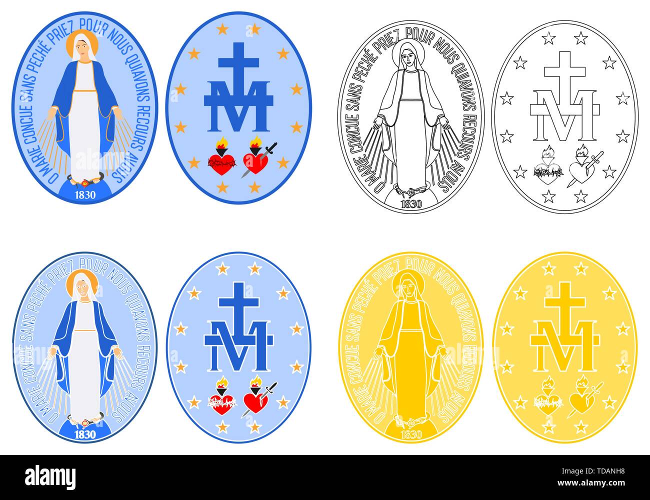 Médaille Notre Dame de grâce et contours colorés Illustration de Vecteur
