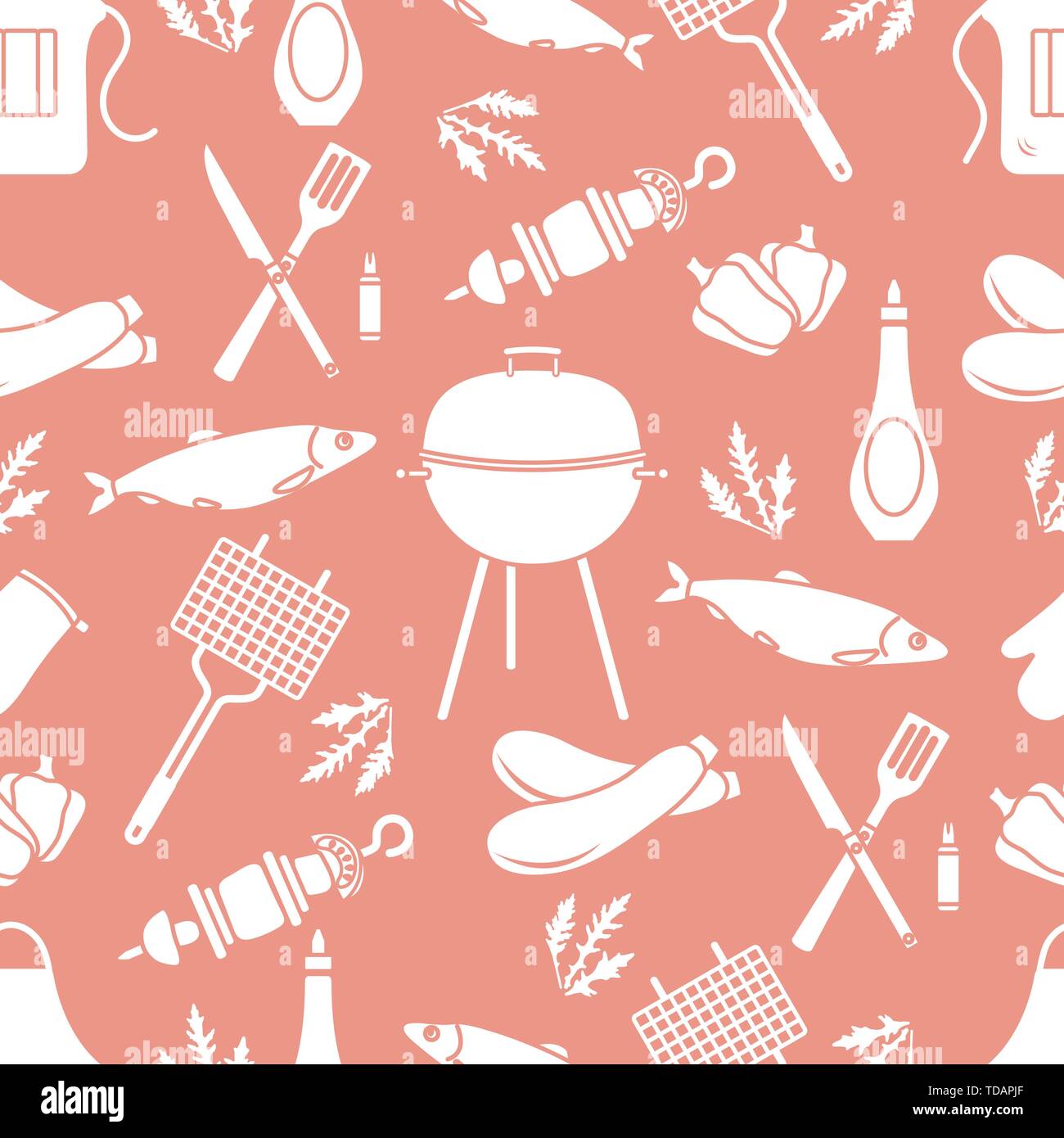 Modèle sans couture avec grill et barbecue outils. BBQ party background. Pour la conception de carte de parti, bannière, affiche ou imprimer. Illustration de Vecteur