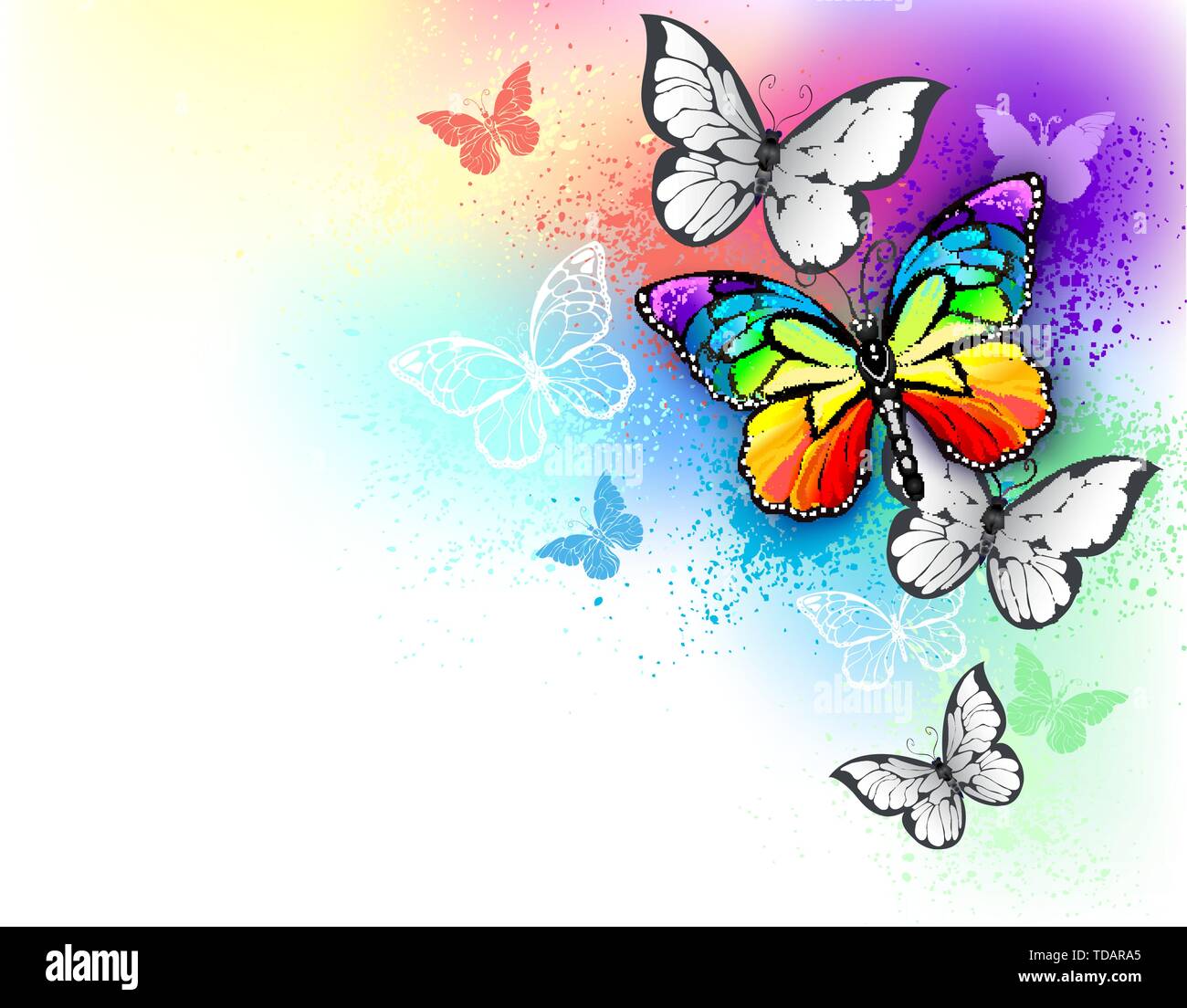 Avec l'arrière-plan de la peinture, couleurs lumineuses et réalistes, et arc-en-ciel de vol des papillons blancs. Illustration de Vecteur