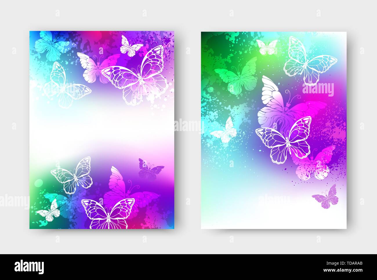 Pour la conception de brochure avec des papillons blancs sur fond irisé, lumineuses, colorées avec de la peinture colorée. Modèle d'illustration vectorielle en format A4. Illustration de Vecteur
