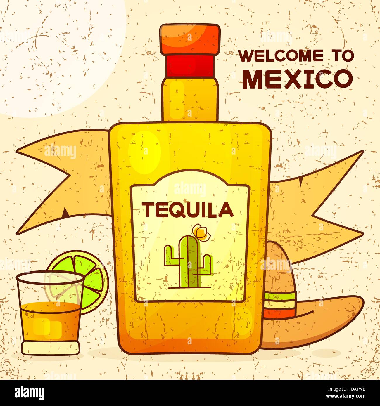 Contexte mexicain avec une bouteille de tequila. Tequila fantaisie nom ajouté. Modèle de carte de Vœux, invitation ou de l'affiche. Fichier vectoriel EPS10. Illustration de Vecteur