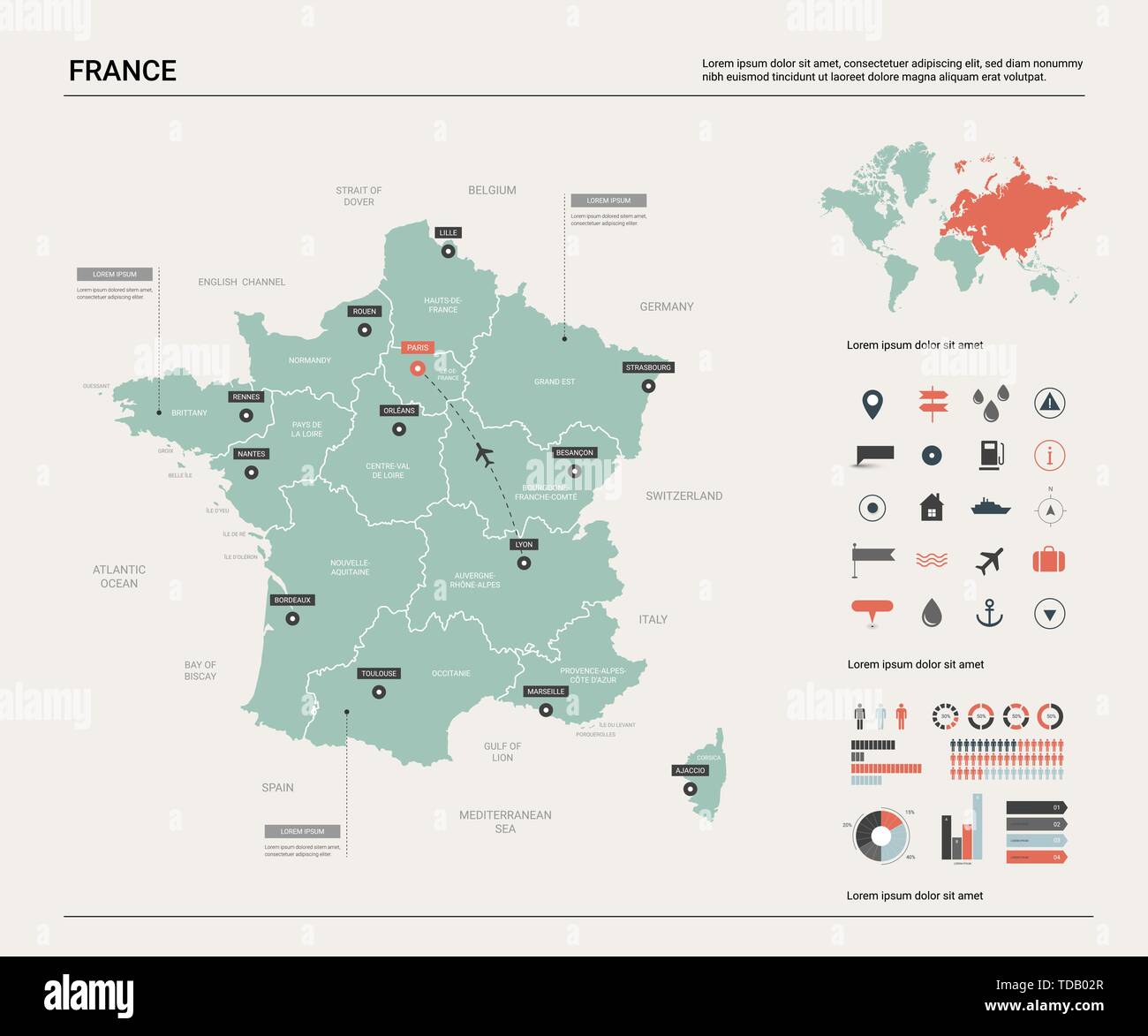 Carte vectorielle de la France. Carte pays avec la division, les villes et les paris. Une carte politique, carte du monde, les éléments de l'infographie. Illustration de Vecteur