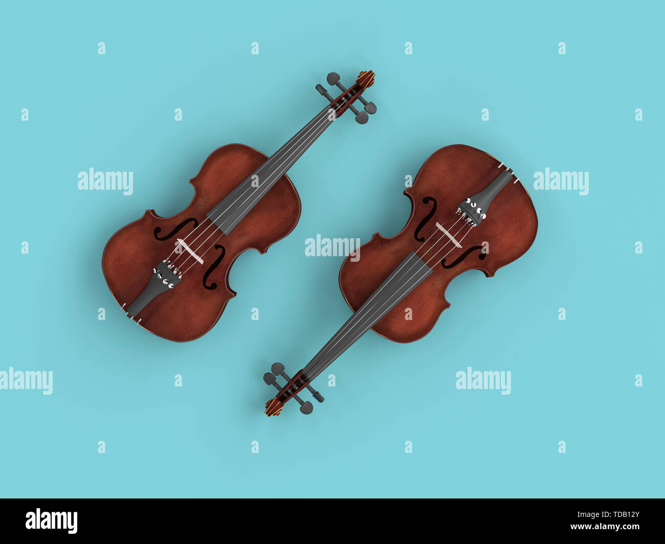 Paire de violons sur un fond bleu. Image 3D render télévision jeter style. Banque D'Images