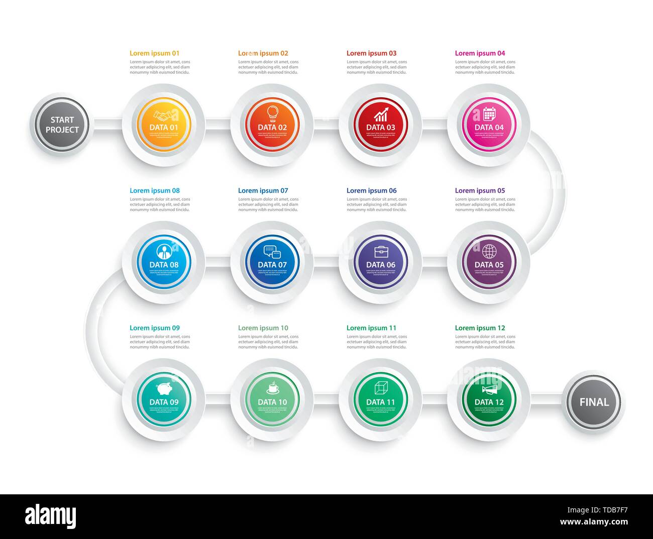 Infographie calendrier 1 an ou 12 mois d'affaires modèle de données vecteur.flèches concept peut être utilisé pour la mise en page, workflow, schéma de l'étape des options, nombre Illustration de Vecteur