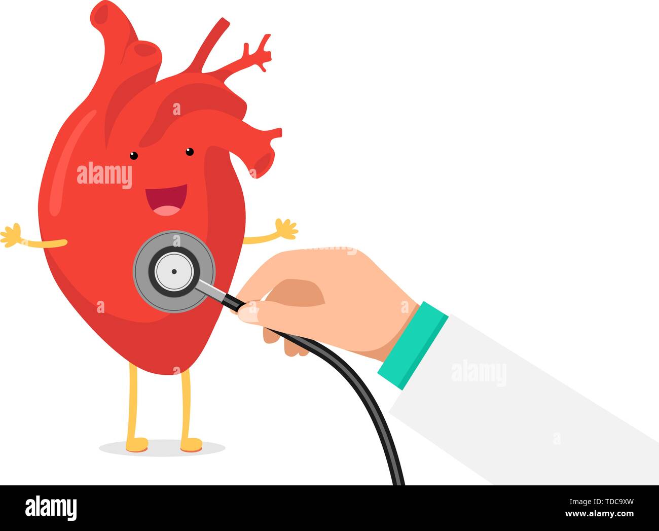 Cute cartoon smiling coeur sain heureux caractère et l'émotion emoji hand holding stethoscope contrôle. Drôle d'organes circulatoires cardiologie. Vector e Illustration de Vecteur