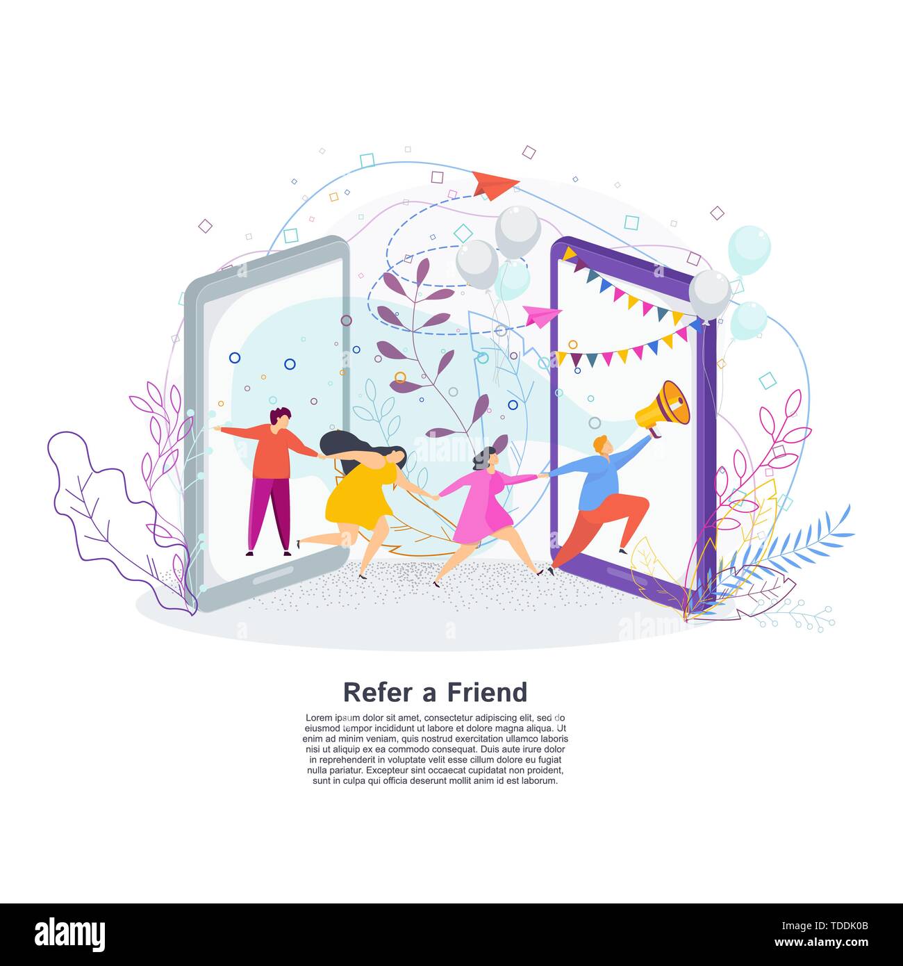 Inviter un ami concept. Stratégie de marketing pour attirer de nouveaux clients. Illustration de Vecteur