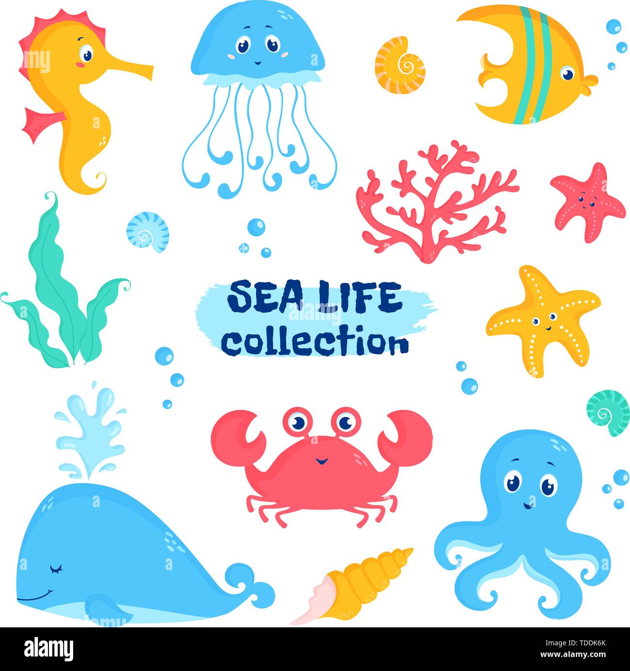 Les animaux et les plantes de la mer - la baleine, les poissons, les crabes, hippocampe, pieuvre, étoile de mer, des méduses, des coquillages, coraux, algues. Vector set of cute illustrations Illustration de Vecteur