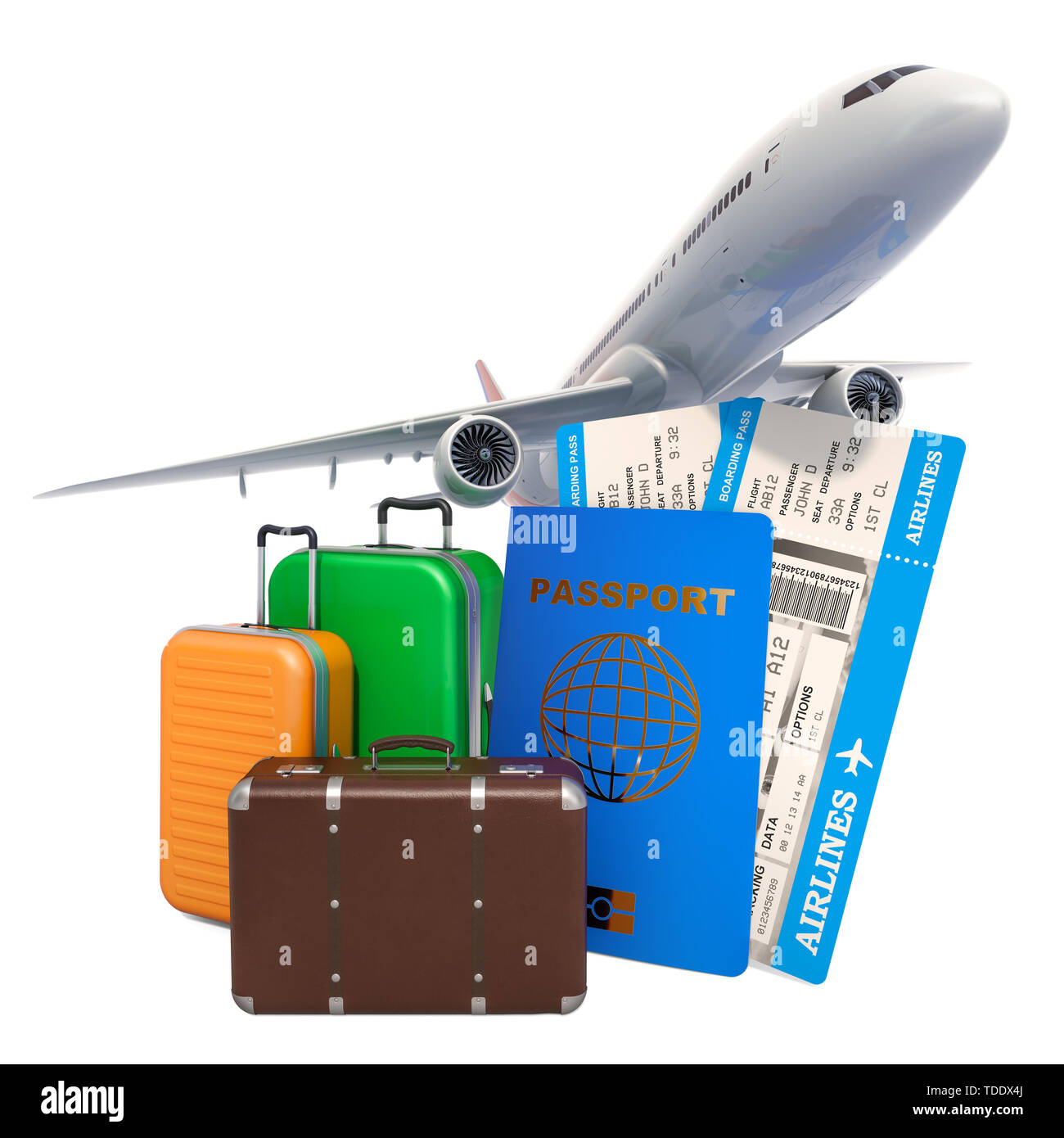 Concept de voyage. Avion avec passeport, billets d'embarquement des  compagnies aériennes et des bagages. Le rendu 3D Photo Stock - Alamy