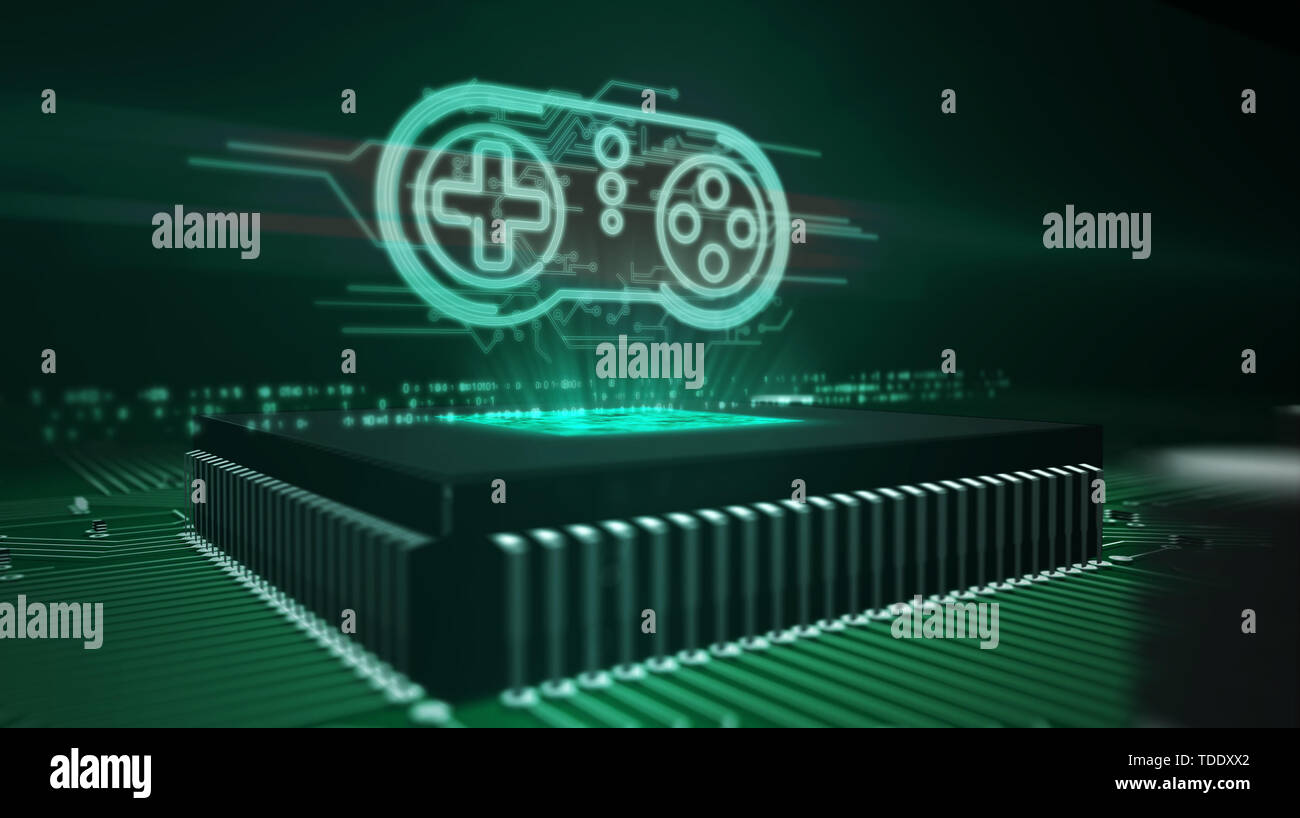 Hologramme Gamepad sur cpu travail en arrière-plan. Futuristic circuit board 3d illustration. Concept de créer et de codage, de jeux en ligne et jeux vidéo Banque D'Images