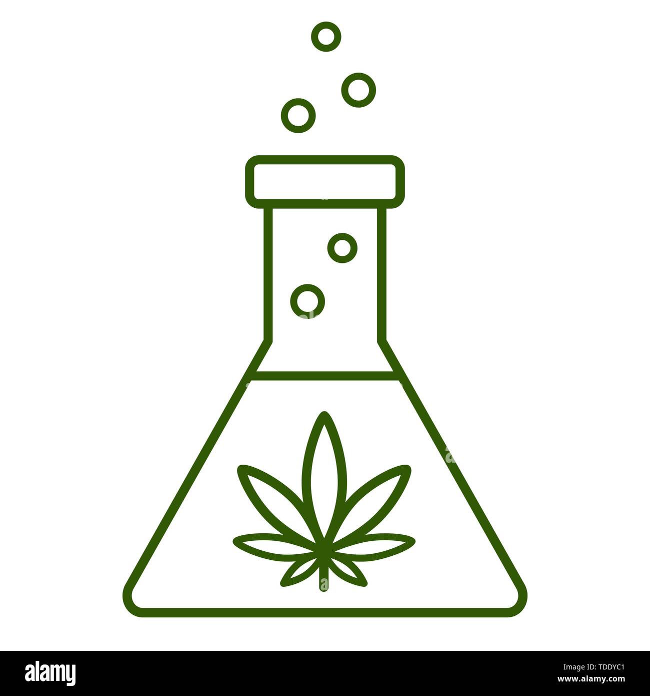 Tube à essai chimique avec des feuilles de marijuana. Le cannabis médical. Vector illustration isolé sur fond blanc. Illustration de Vecteur