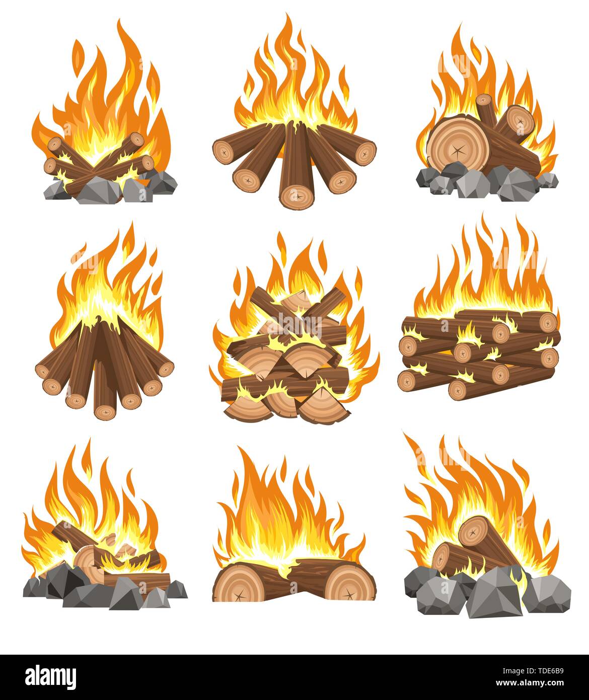 Feu de bois de chauffage. Feu de cheminée pour les vecteurs, cartoonoutdoor avec le feu de bois isolé sur fond blanc, la combustion de bois de camping Illustration de Vecteur