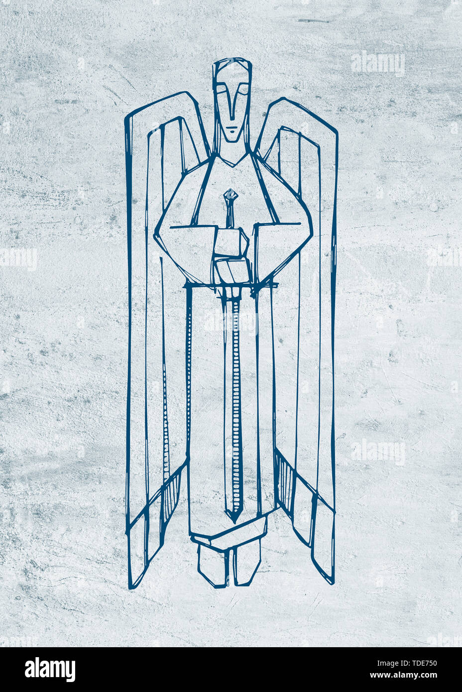 Illustration à la main ou d'un dessin d'un ange avec une épée religieux Banque D'Images