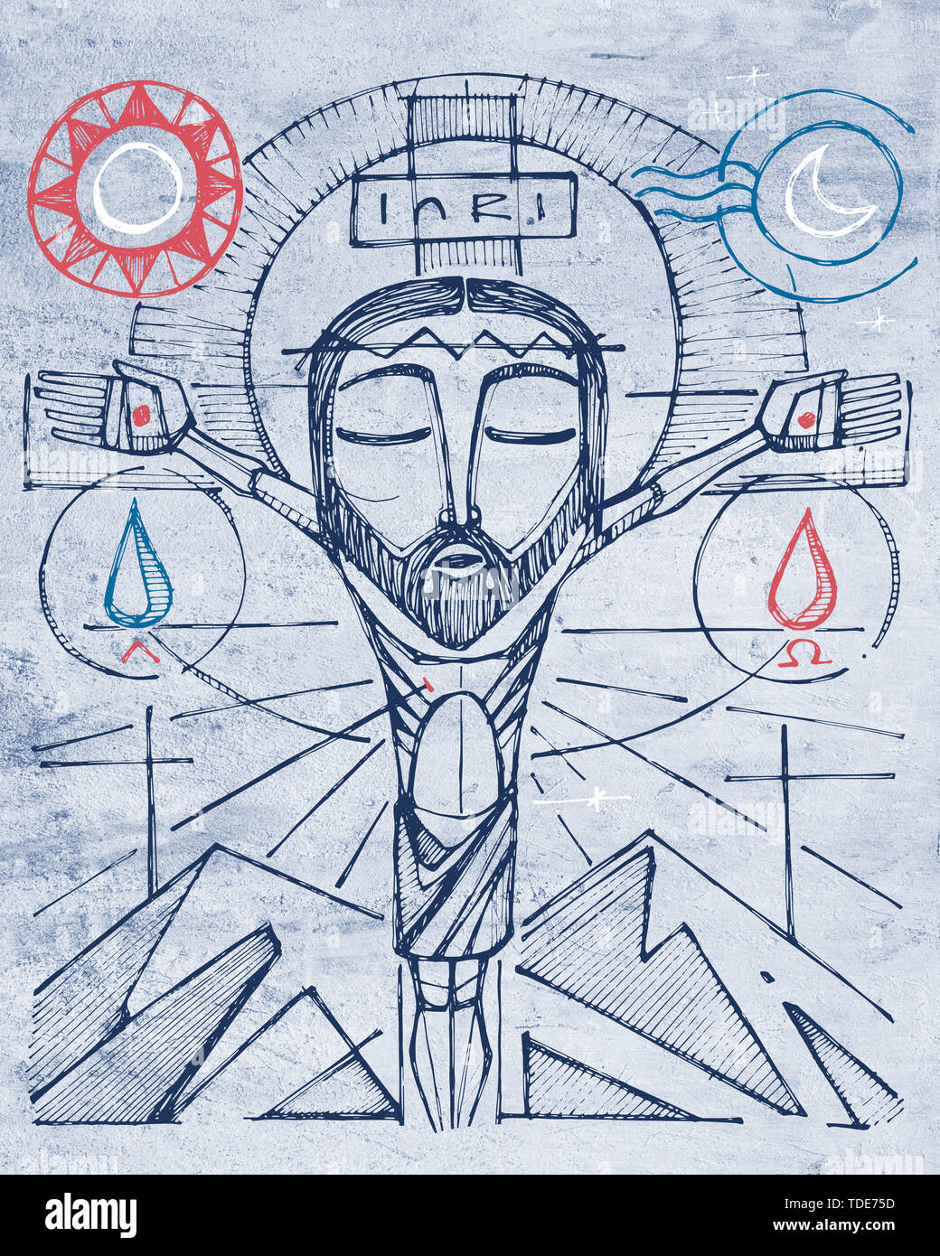 Illustration à la main ou d'un dessin de Jésus Christ à la Croix et symboles religieux Banque D'Images