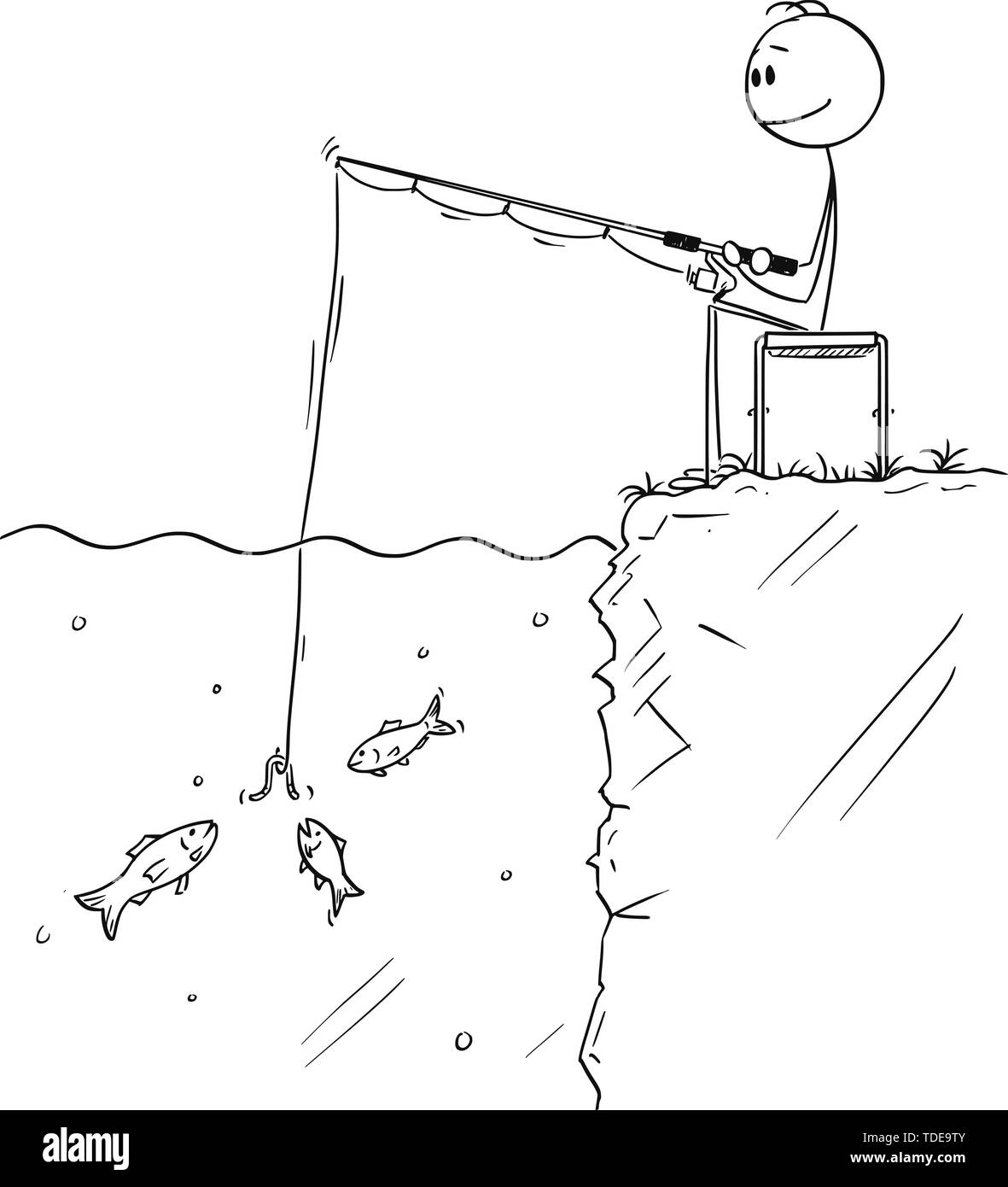 Vector cartoon stick figure dessin illustration conceptuelle de l'homme assis calmement près de l'eau et la pêche à la ligne ou de la pêche, tandis que plusieurs poissons est à la recherche à l'appât. Illustration de Vecteur