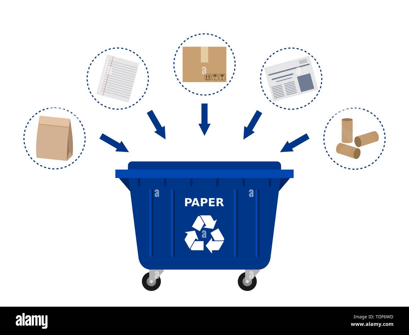 Benne à déchets bleu et les déchets de papier aux fins de recyclage.  Recyclage du papier au tri sélectif des déchets, tri, déchets, eco  friendly. Arrière-plan blanc. Vector Image Vectorielle Stock -