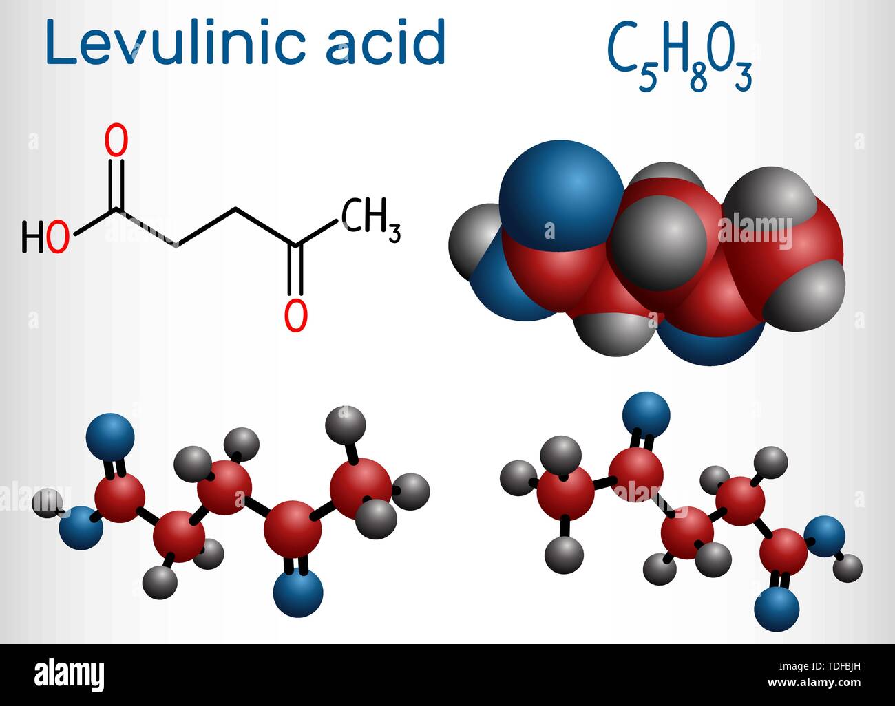 Molécule d'acide lévulinique, est un acide cétonique cristallins préparés à partir de lévulose, inuline, amidon. Formule chimique structurale et molécule modèle. Mauvais vecteur Illustration de Vecteur