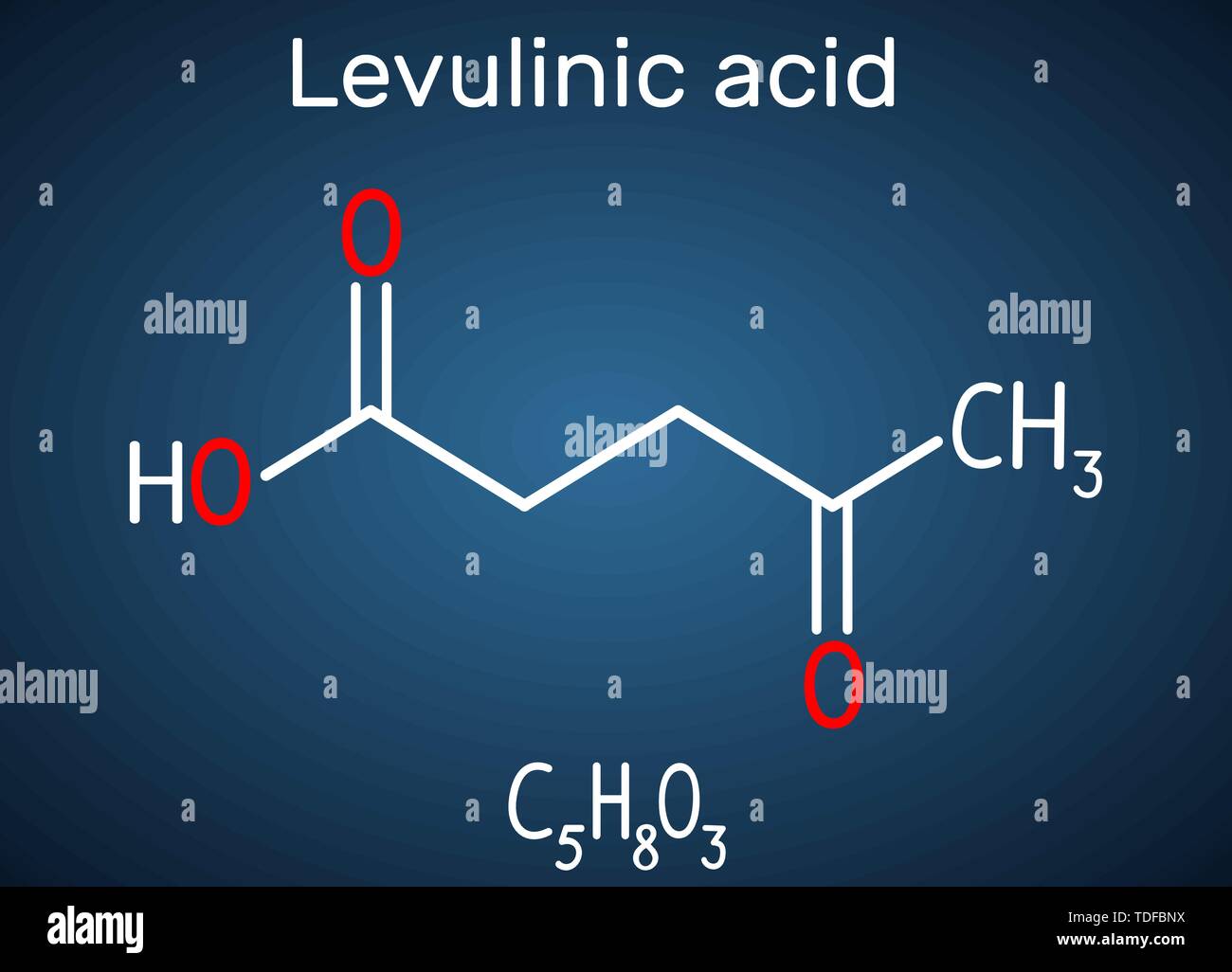 Molécule d'acide lévulinique, est un acide cétonique cristallins préparés à partir de lévulose, inuline, amidon. Formule chimique structurel sur le fond bleu foncé. V Illustration de Vecteur