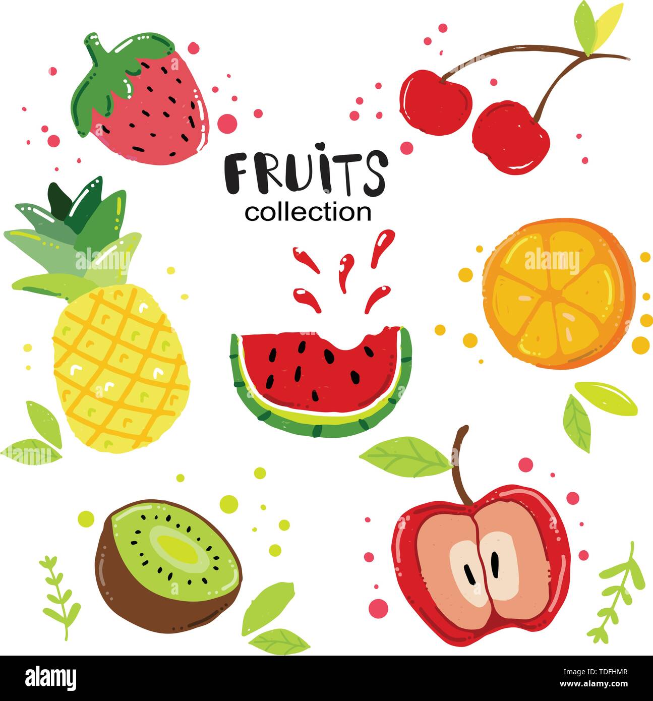 Doodle part tirer les fruits d'été ensemble télévision vector, ananas, pastèque, orange, fraise, kiwi, pomme. Illustration de Vecteur