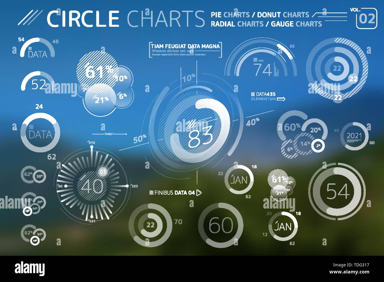Les graphiques, les diagrammes à secteurs de cercle, tableaux et graphiques Radial Donut Éléments infographique Illustration de Vecteur
