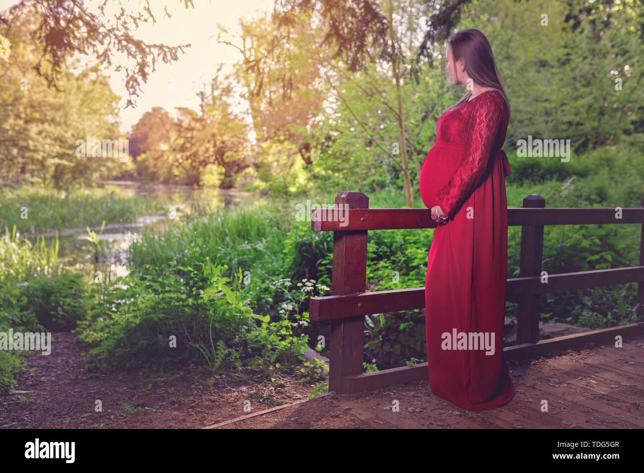 Une jeune femme enceinte dans une belle robe rouge se tient et regarde le lac. Fille active pendant la grossesse. Portrait mode Shoot en extérieur Banque D'Images