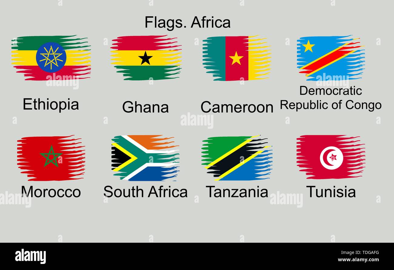 Drapeaux de l'Afrique, de l'ensemble. L'Éthiopie, le Ghana, le Cameroun, la RDC, le Maroc, la Tanzanie, la République sud-africaine, la Tunisie Illustration de Vecteur