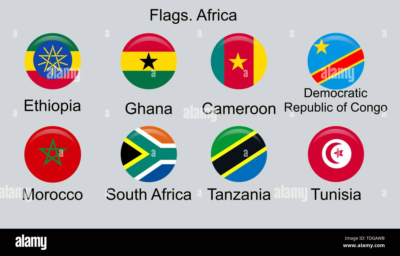 Drapeaux de l'Afrique, de l'ensemble. L'Éthiopie, le Ghana, le Cameroun, la RDC, le Maroc, la Tanzanie, la République sud-africaine, la Tunisie Illustration de Vecteur