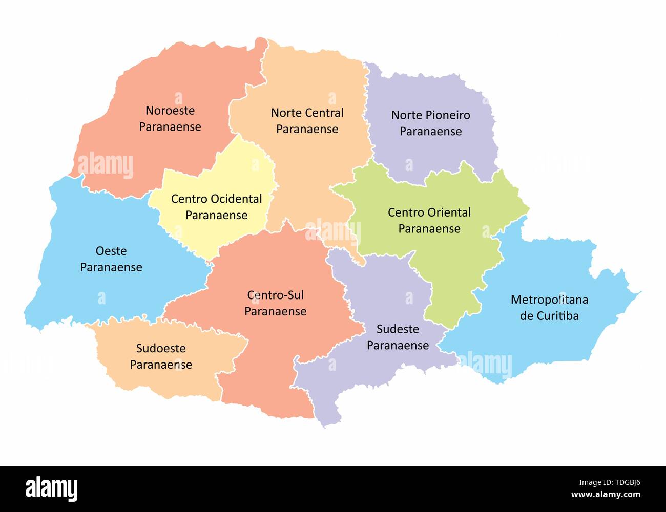 Une carte en couleurs de l'Etat du Parana divisée en régions, Brésil Illustration de Vecteur