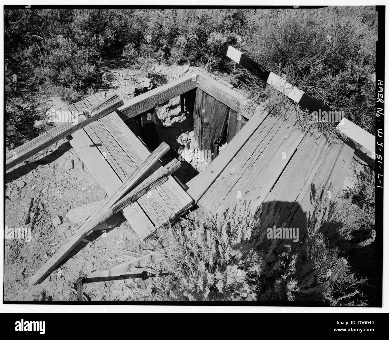 Vue NORD DE LA STRUCTURE DE LA BOÎTE À VANNES L. - Chambre des mines de charbon, voleur de chevaux, boîte à vannes, au sud du canyon supérieur, Sweetwater County, WY Banque D'Images