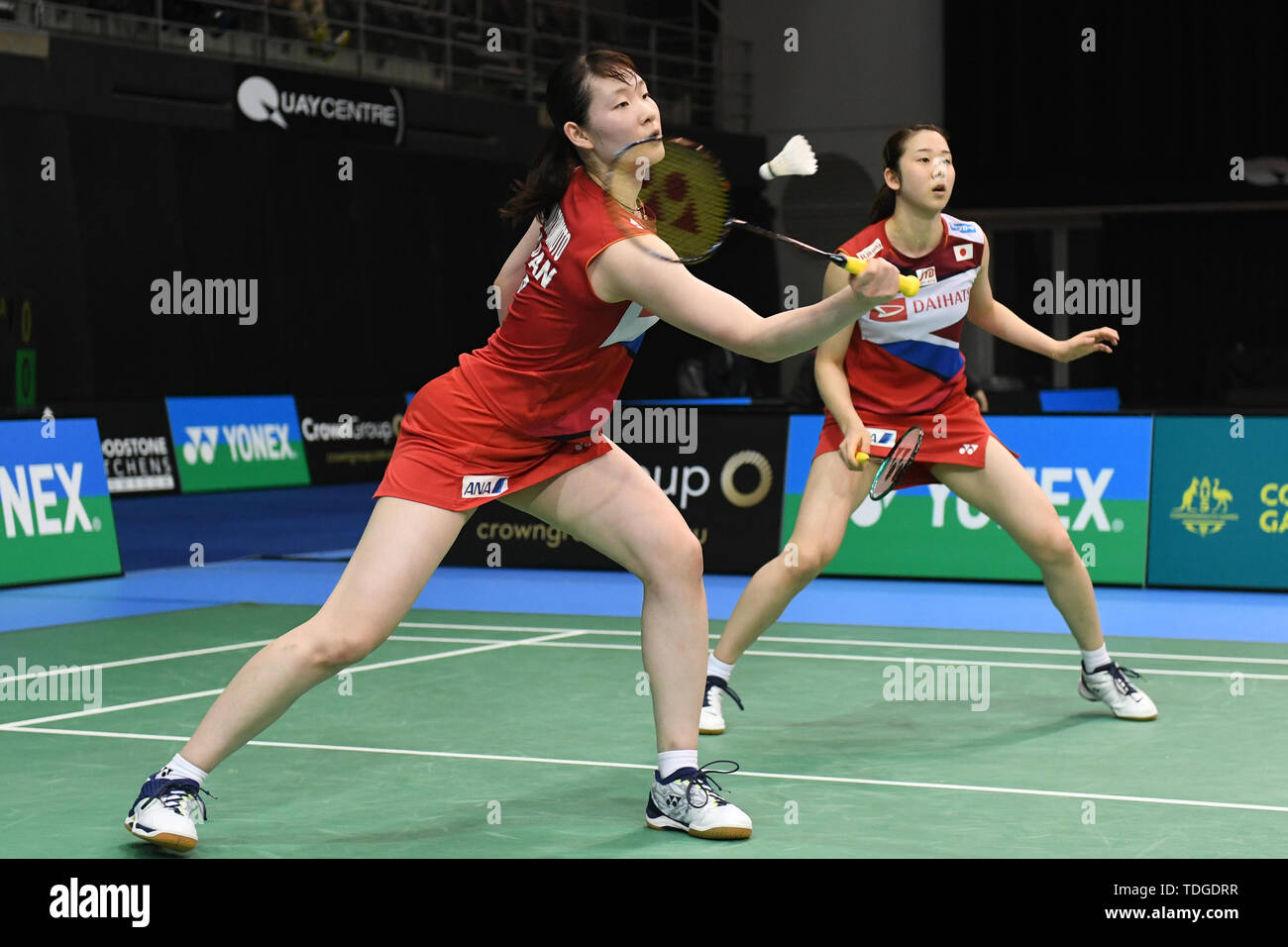 Mayu Matsumoto et Wakana Nagahara (Japon) vu en action lors de l'Australian Open 2019 Badminton Double femmes 1/4 de finale match contre l'Apriyani Graysia Polii et Rahayu (Indonésie). Matsumoto et Nagahara perd le match 19-21, 18-21. Banque D'Images