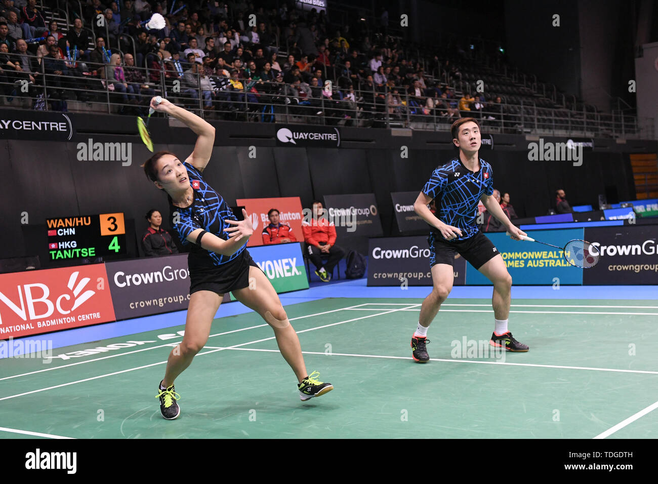 Tang Chun Man et Tse Ying Suet (Hong Kong) vu en action lors de  l'Australian Open 2019 Badminton Double mixte demi-finales match contre  Wang Dongping Yilyu et Huang (Chine). Tang et Tse