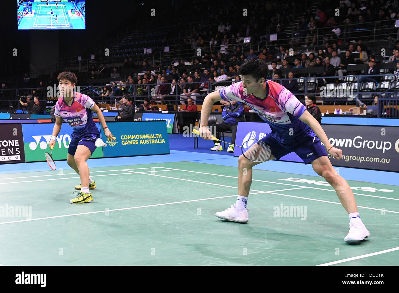 Yilyu Wang Dongping et Huang (Chine) vu en action lors de l'Australian Open 2019 Badminton Double mixte demi-finales match contre Tang Chun Man et Tse Ying Suet (Hong Kong). Wang et Huang a remporté le match 21-13, 21-10. Banque D'Images