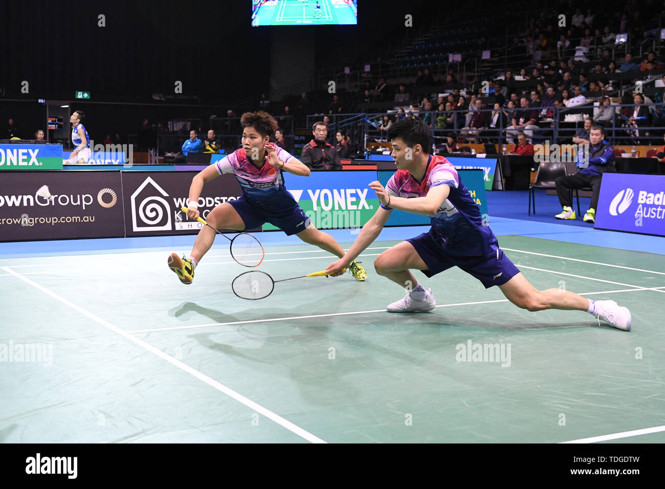 Yilyu Wang Dongping et Huang (Chine) vu en action lors de l'Australian Open 2019 Badminton Double mixte demi-finales match contre Tang Chun Man et Tse Ying Suet (Hong Kong). Wang et Huang a remporté le match 21-13, 21-10. Banque D'Images