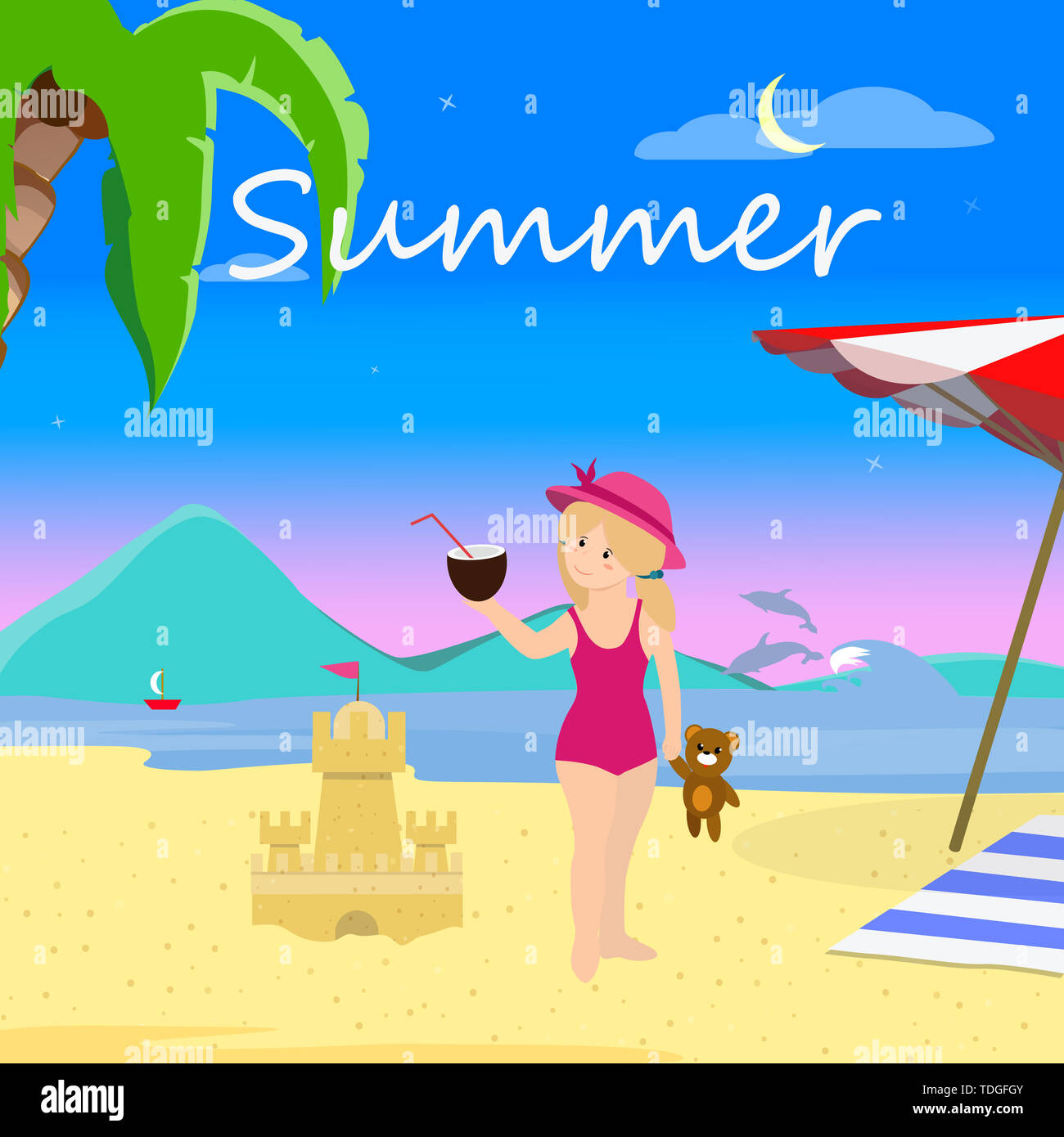 Petite Fille Sur La Plage La Nuit Vacances Voyage D Ete Arriere Plan De La Mer Avec Palm Et Les Dauphins Mignon Bebe En Maillot De Bain A La Noix De Coco La Partie