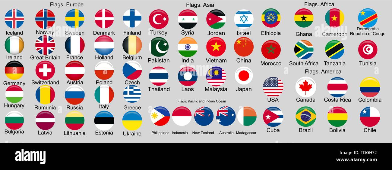 Ensemble de drapeaux du monde les états souverains. Drapeaux du monde. Europe, Asie, Afrique, Amérique, Océanie Illustration de Vecteur