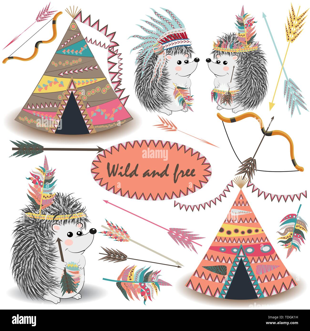Collections Tribal ensemble avec des dizaines de tipis, des flèches, des plumes, des frontières tribales indiennes, hérisson et feather coiffure. Illustration de Vecteur