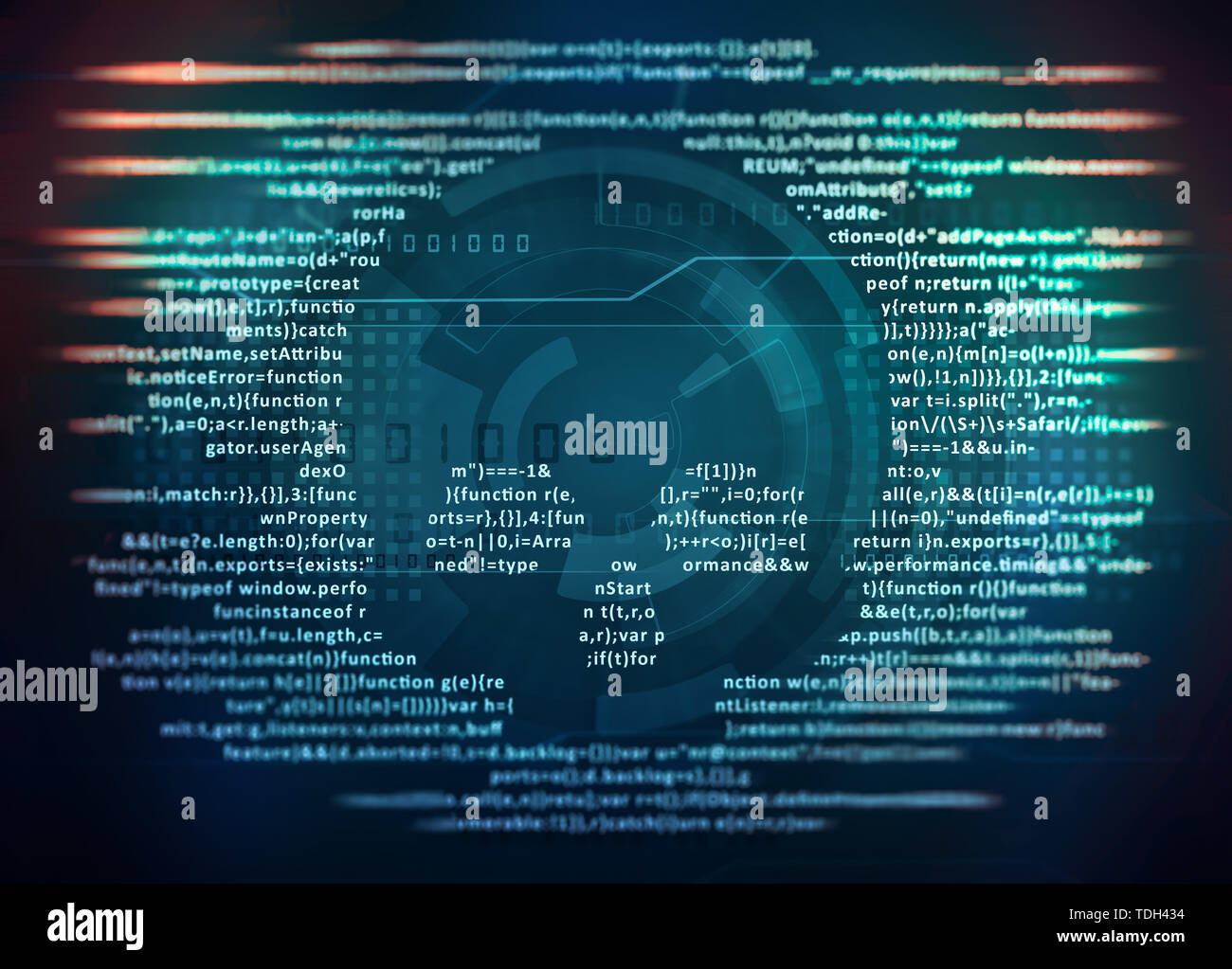Virus informatique attaque par logiciel malveillant. code de l'ordinateur sur un écran avec un symbole de crâne Banque D'Images