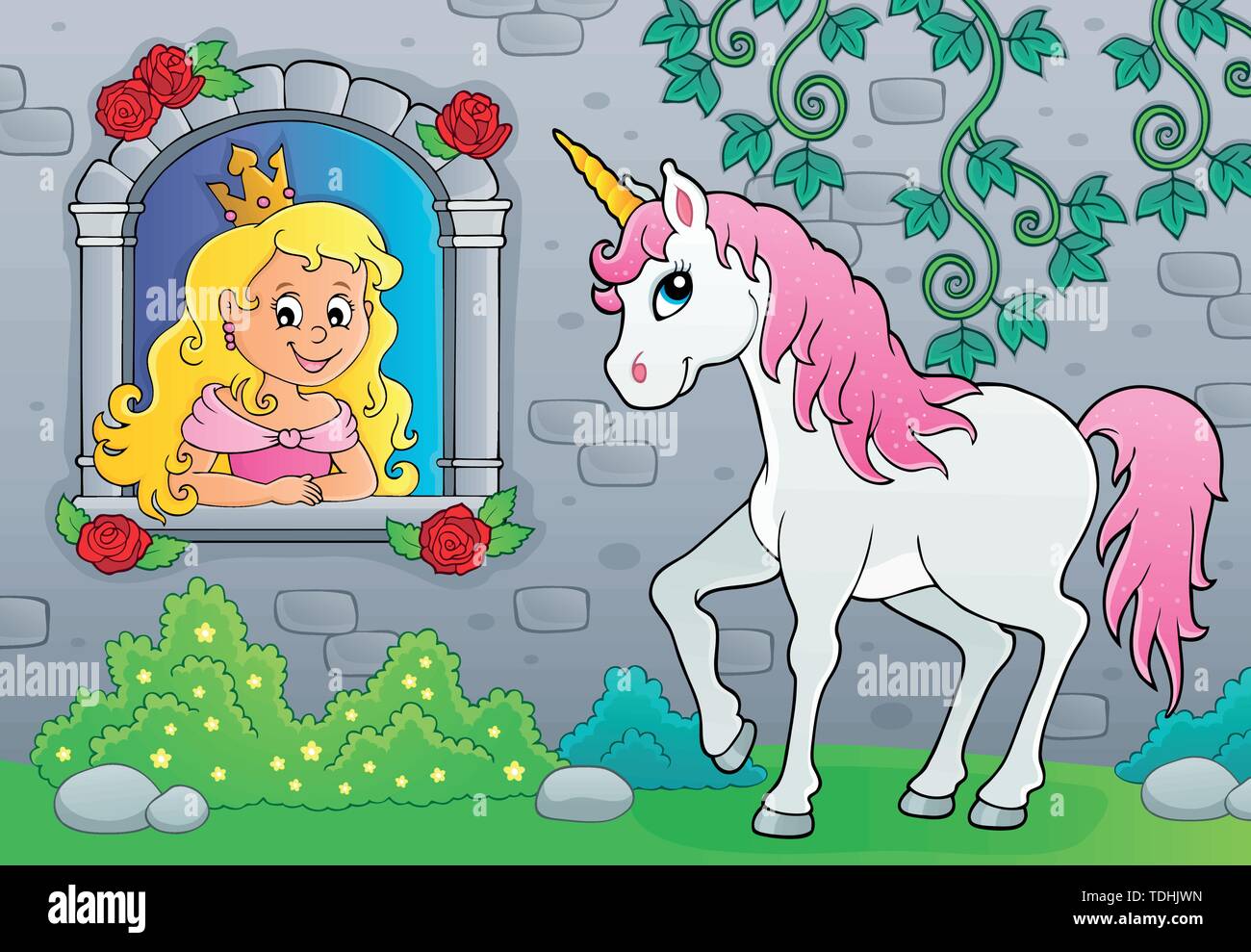 La princesse dans la fenêtre et unicorn Thème 2 - eps10 vector