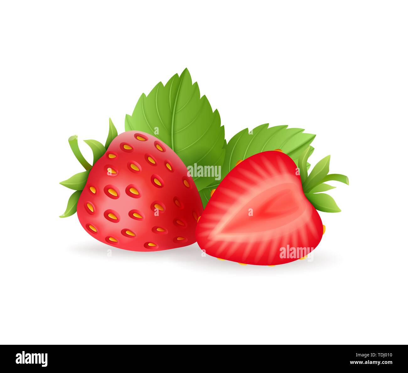 Jeu de fraises sucrées réaliste avec des feuilles vertes, petits fruits rouges frais, isolé sur fond blanc vector illustration. Illustration de Vecteur