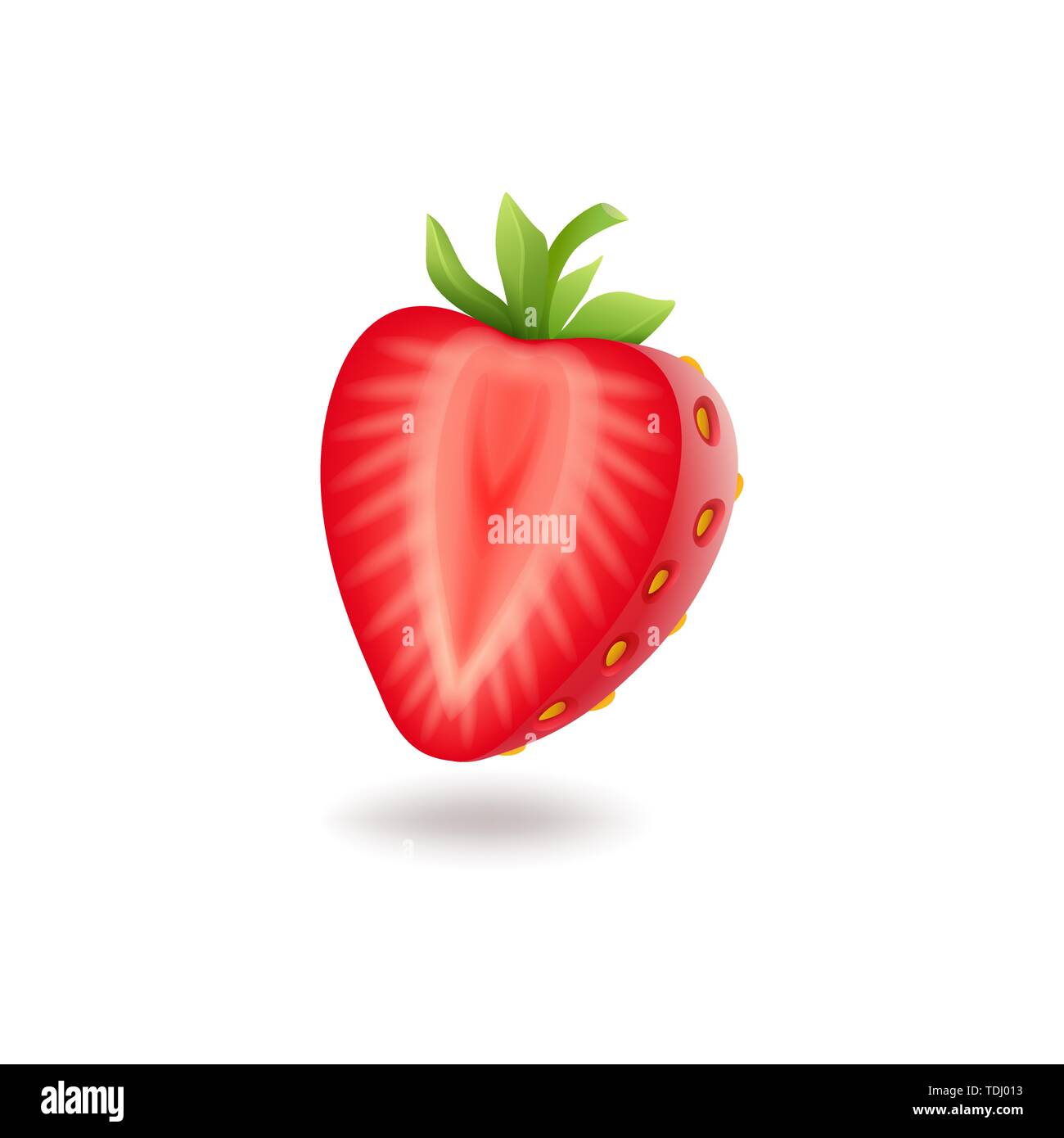 Couper la moitié sucré réaliste avec des feuilles vertes fraises rouges frais, berrie, isolé sur fond blanc vector illustration. Illustration de Vecteur