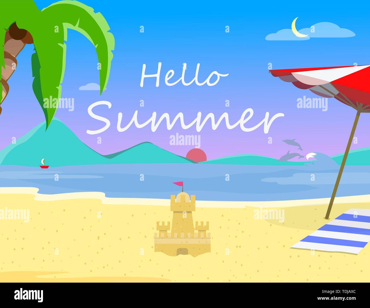 Fond de plage avec Hello Summer Typographie et Château de sable, Soir ou matin paysage de mer exotiques au coucher du soleil, le Lever du Soleil, Seascape Resort San Illustration de Vecteur