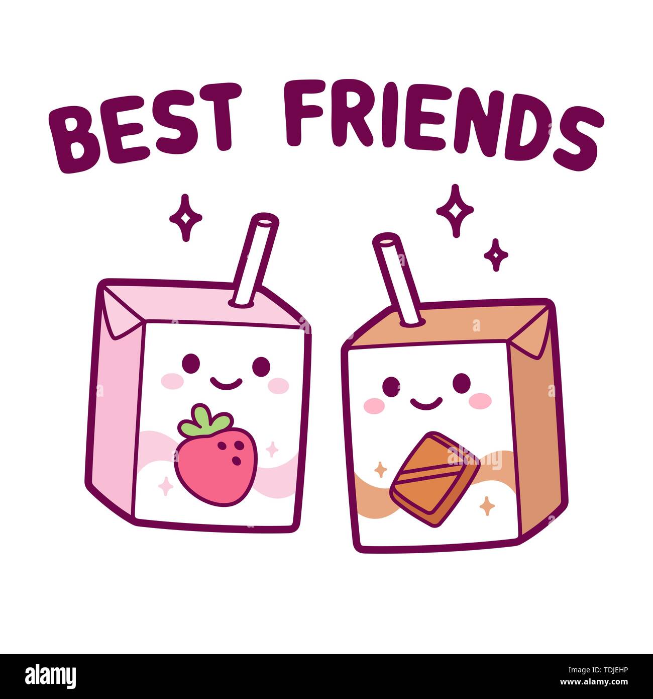 Cute cartoon Fraise et Chocolat au lait fort, meilleur couple d'amis. Deux cartons de lait kawaii avec paille et souriant. Cli vectorielles Illustration de Vecteur