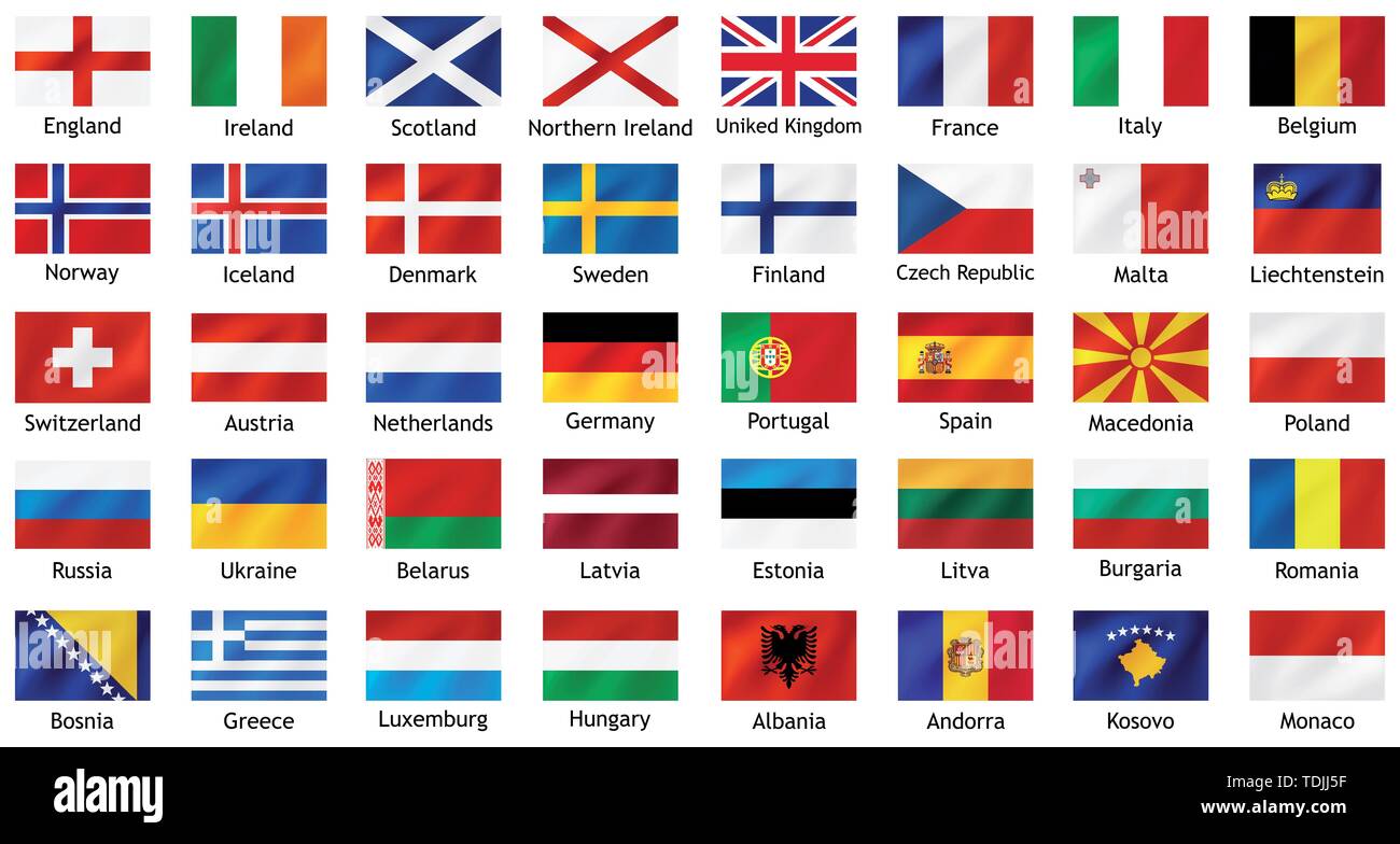 Drapeaux des pays européens avec des légendes. Illustration de Vecteur