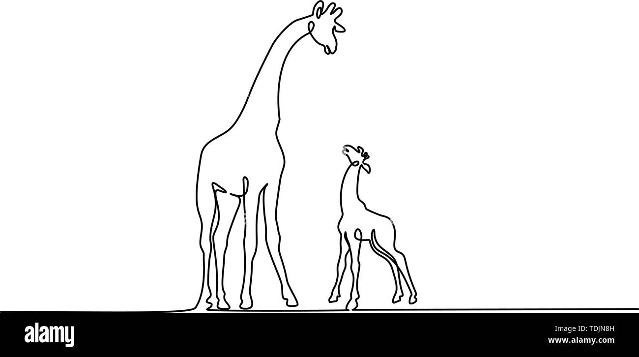 Dessin d'une ligne continue. Girafe avec bébé. Vector illustration Illustration de Vecteur