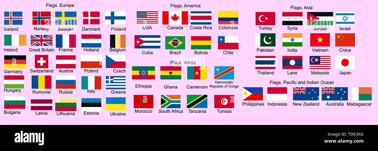 Ensemble de drapeaux du monde les états souverains. Drapeaux du monde. Europe, Asie, Afrique, Amérique, Océanie Illustration de Vecteur
