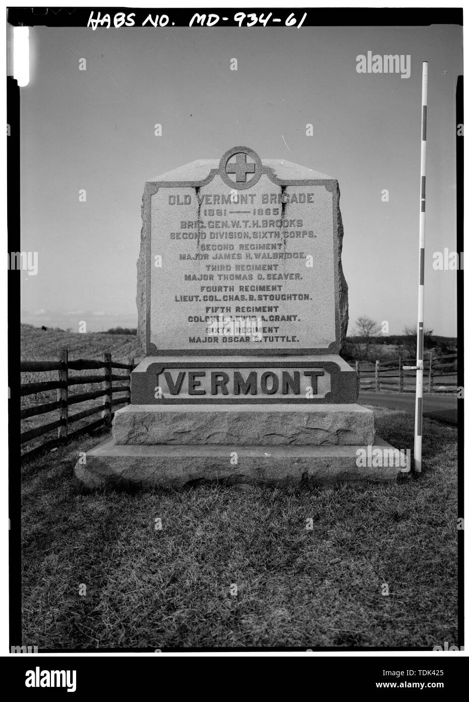 VERMONT VIEUX MONUMENT BRIGADE, CHAMP AU NORD DE BLOODY LANE, à l'OUEST DE MUMMA'S LANE - Champ de bataille National d'Antietam, Sharpsburg, comté de Washington, MD ; Mansfield, Joseph K, F ; Stetson, John L ; Starke, William E ; Anderson ; Richardson, Israël, McKinley, William ; O'Branch, L ; Rodman, Isaac ; Barton, Clara ; Reilly, O T ; Boucher, Jack E, photographe ; Boucher, Jack E, photographe ; Prix, Virginie B, émetteur Banque D'Images