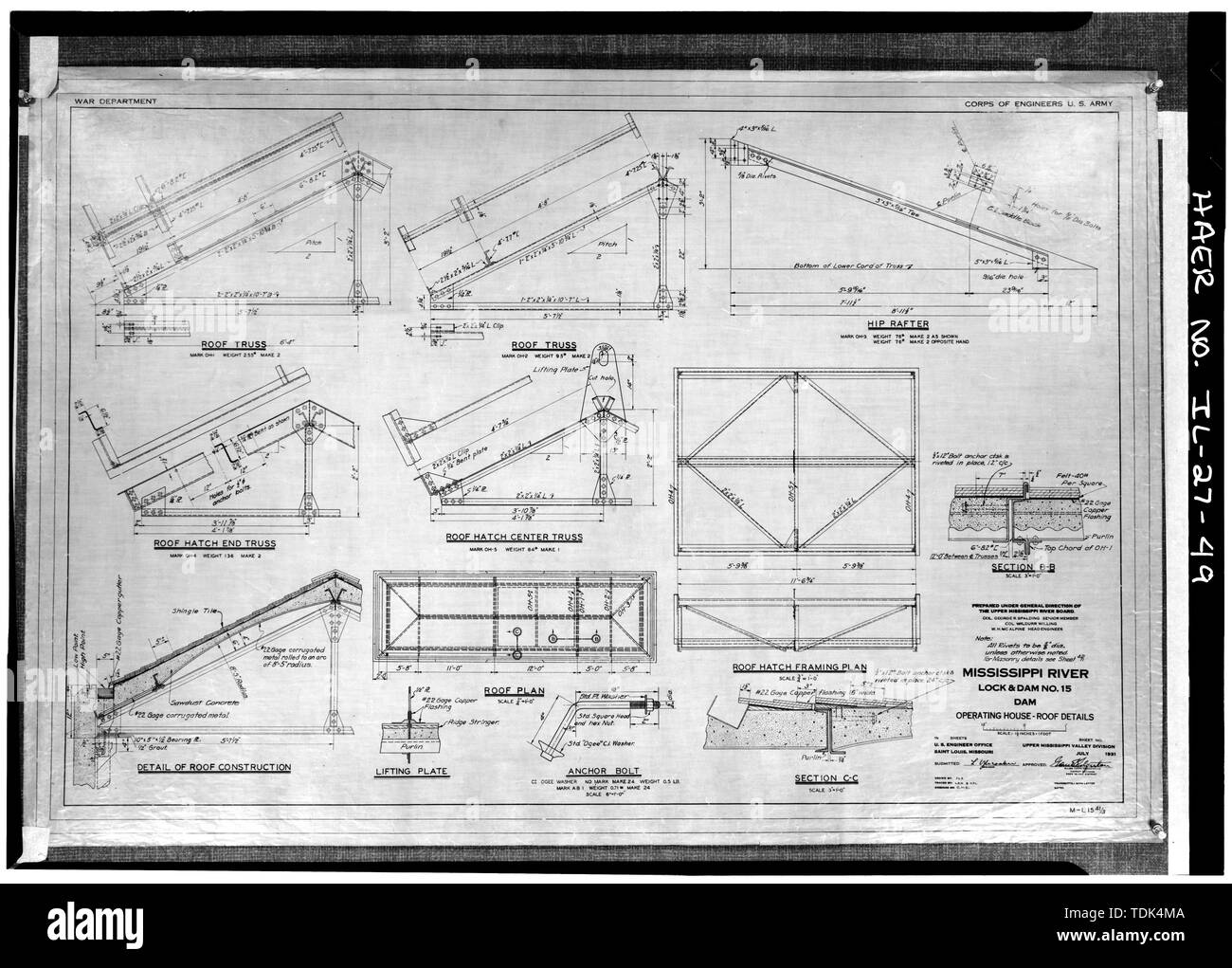 Chambre d'exploitation-TOIT DÉTAILS. Juillet 1931 - Mississippi River 9 pieds, projet de canal et de la digue de la rivière Mississipi supérieur, 15 Arsenal (Island), Rock Island, Rock Island Comté, IL ; U.S. Army Corps of Engineers ; S.A. Healy Company ; Merrit-Chapman-Whitney ; société ; Lenvik comédien Ylvisaker, Piel, John H ; McCormick, Herbert Banque D'Images