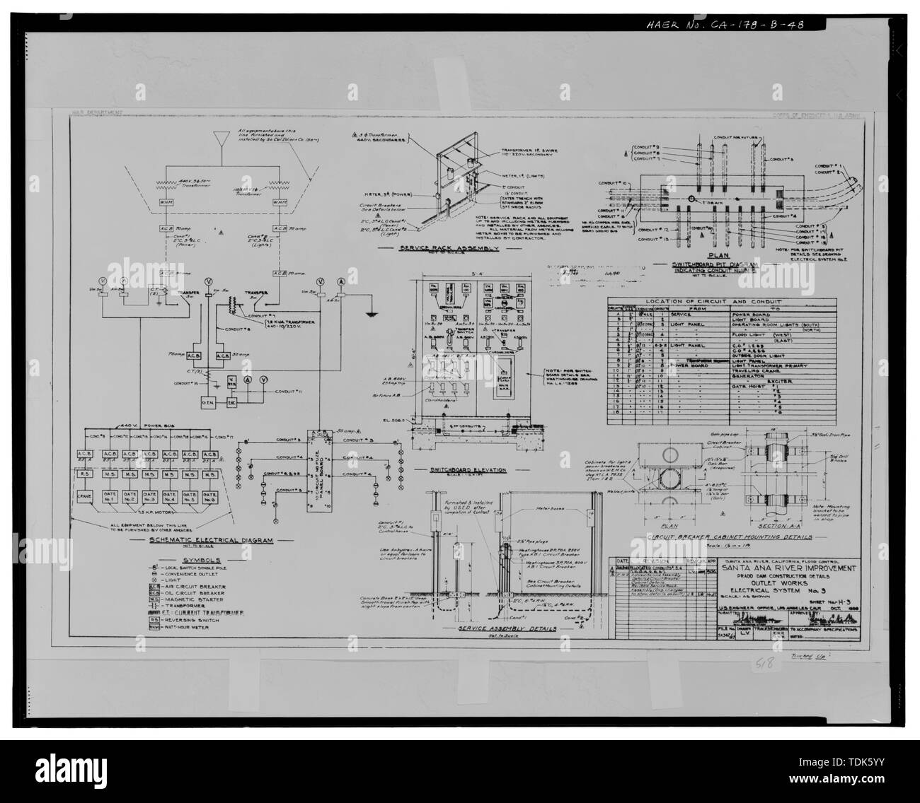 Travaux de sortie- Système électrique N° 3. Feuille H-3, Octobre, 1939. Dossier no SA 342-59. - Prado Barrage, Œuvres de sortie, Santa Ana, près de jonction des routes 71 et 91, Corona, dans le Comté de Riverside, CA Banque D'Images
