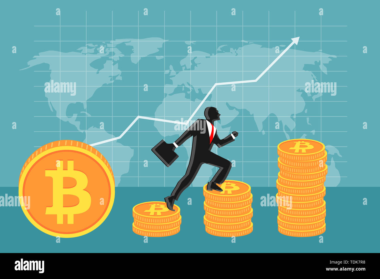 Businessman fonctionnant sur pile la hausse, passant des bitcoins graphiques courbe et world map background Banque D'Images