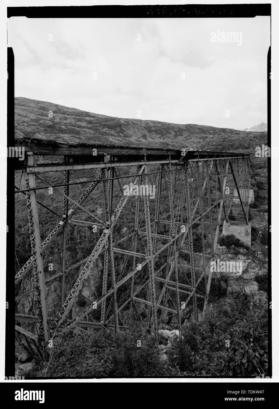 Vue oblique à partir de la culée sud-est à sud-ouest. - White Pass and Yukon Railroad, pont cantilever, Skagway, Recensement de Skagway-Hoonah-Angoon, AK Banque D'Images